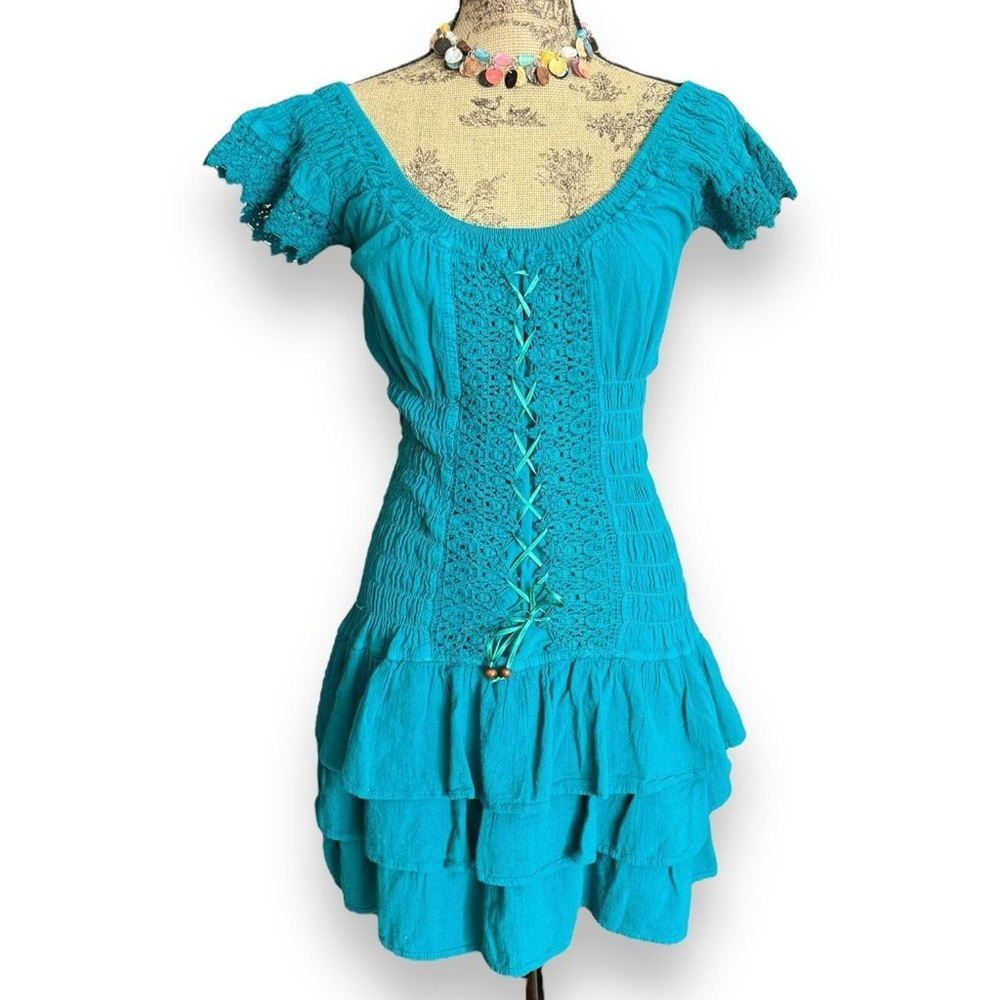 Turquoise Blue Lace-Up Ruffle Dress Size M